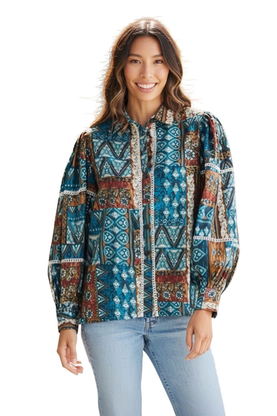 Talisman $128 Castella Patchwork Print Cotton Button-Up Blue Sicilian Shirt XS